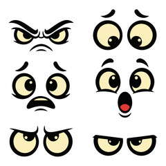 Set of expressive cartoon eyes illustrating a variety of feelings like shock, worry, anger, and suspicion, perfect for character design