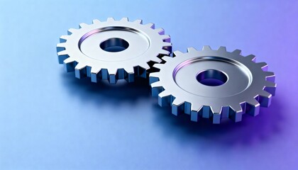 High-Quality 3D Render of Two Interlocking Gears on a Smooth Gradient Surface in Vast Space