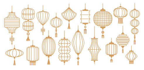 Traditional Chinese lanterns in different shapes. Chinese New Year icons, symbols and decoration. Classic Asian lantern. Flat linear minimalist geometric vector illustration