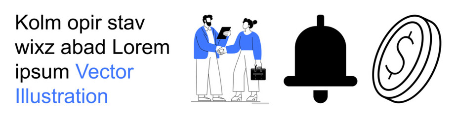 Business meetings, notifications, transactions, teamwork, digital alerts, finance. A man and woman sharing files, a notification bell and a coin icon. Business meetings and notifications concept