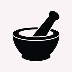 Black mortar and pestle icon on a light pink background white tool