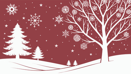 Festive winter scene with snow covered trees and snowflakes on red background