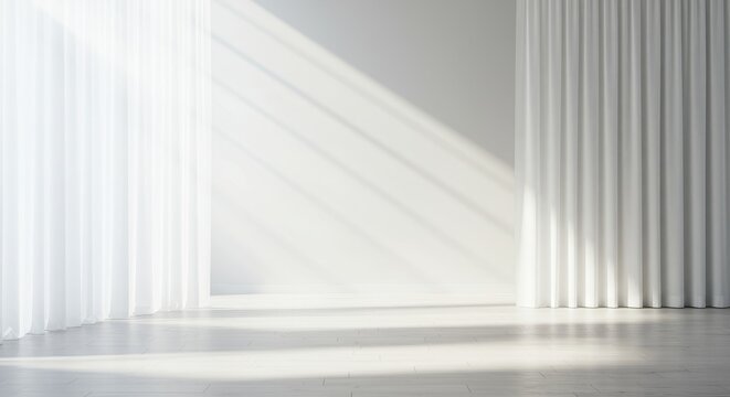 Light Filled Minimalist Room with White Curtains - A bright, minimalist room bathed in natural light. Represents purity, clarity, peace, potential, and new beginnings