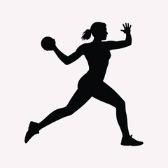 Black silhouette of a female handball player in mid-throw with a ball against a light pink background.