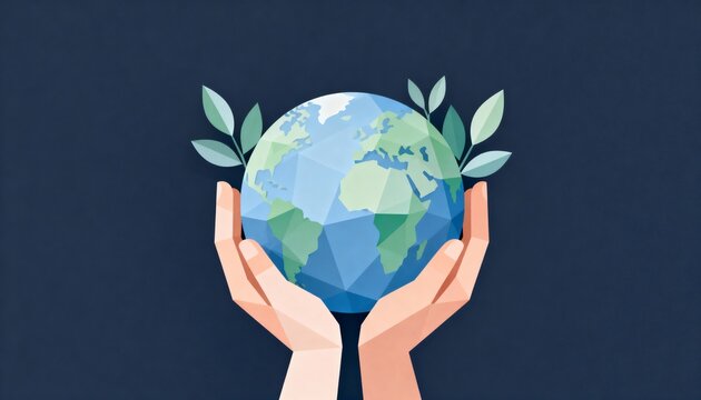 Stylized Vector Illustration of Human Hands Gently Holding a Low Poly Globe Surrounded by Leaves on a Dark Background