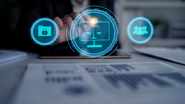 Data privacy protection and cyber law regulation. A concept of digital justice, user rights, and security policy for information protection online. Motif - Powered by Adobe