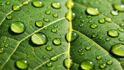 Close up of green leaf with many water droplets reflecting light
