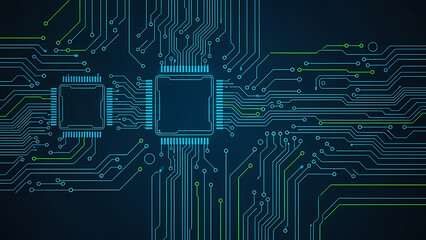 Abstract digital circuit board with glowing blue and green lines