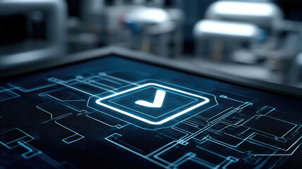 Futuristic digital checkmark interface on touchscreen, glowing blue circuit lines, technology approval, modern industrial background