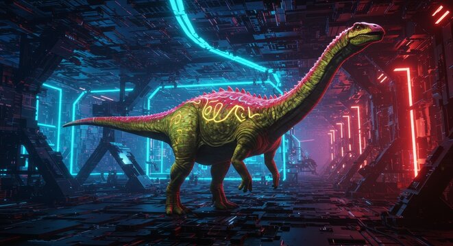 Mamenchisaurus in Cyberspace - A Mamenchisaurus dinosaur stands in a futuristic world. Symbolizing evolution, technology, scale, artificiality and history