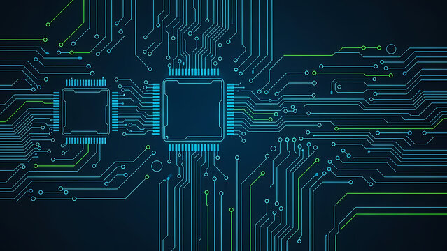 Abstract digital circuit board with glowing blue and green lines