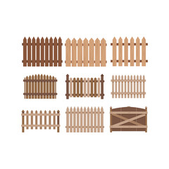 Collection of nine flat design wooden fences and one gate in various styles and colors picket fence garden fence vector illustration.