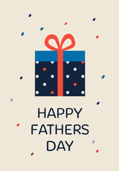 Dark blue polka dot gift box with a large red ribbon surrounded by confetti and text.