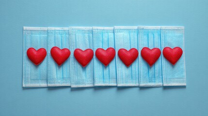Arrangement Of Protective Face Masks And Red Heart Decorations On Blue Surface