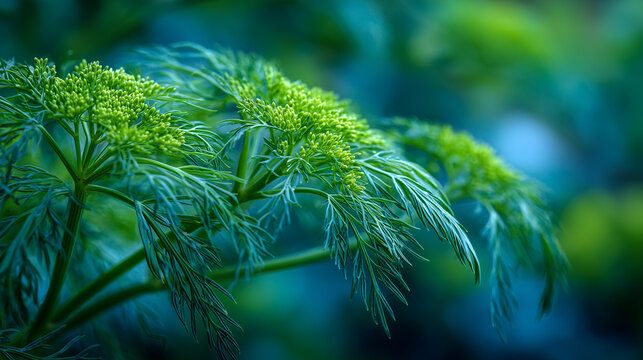 Delicate green dill flower heads in close-up, softly illuminated, creating a fresh natural atmosphere filled with calm greenery.
