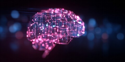 Digital representation of the human cerebrum glows with interconnected lines and nodes against a dark background