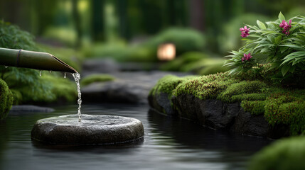 Bamboo water spout pours into stone basin in tranquil Japanese garden, surrounded by moss, rocks, and blooming pink flowers, peaceful atmosphere