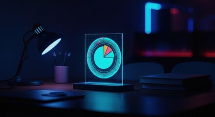 Illuminated pie chart graphic on a dark wooden desk, accented by neon lights and a desk lamp