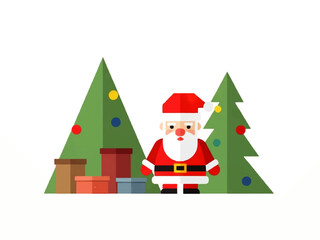 Flat vector illustration of Santa Claus standing between two Christmas trees with colorful ornaments and presents underneath.