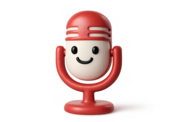 Cute smiling red microphone character on stand representing podcasting, audio recording, and online streaming