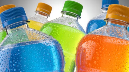 A close-up of colorful, condensation-covered beverage bottles, showcasing refreshing sports drinks in vibrant hues. High quality .