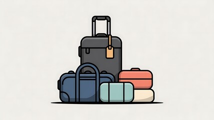a minimalistic vector graphic showcasing a neatly arranged group of travel essentials, including a rolling suitcase, a duffel bag, and organized packing cubes, complemented by a hanging luggage tag