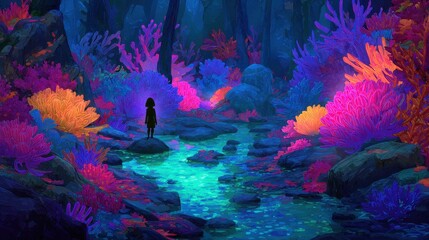Pixelated Silhouette Standing Amidst Bioluminescent Forest With Vibrant Colors and Textured Environment