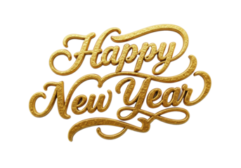 elaborate calligraphic "happy new year" script in shimmering gold foil texture with fine embossing, isolated on a transparent background. luxurious holiday greeting concept
