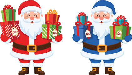 Two Happy Cartoon Santas, One Red and One Blue, Holding Stacks of Gift Boxes with Zero Percent (0%) Discount Tags, Vector Illustration for Christmas Sale Promotion