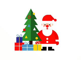 Stylized illustration of Santa Claus standing next to a Christmas tree with presents underneath, against a white background.