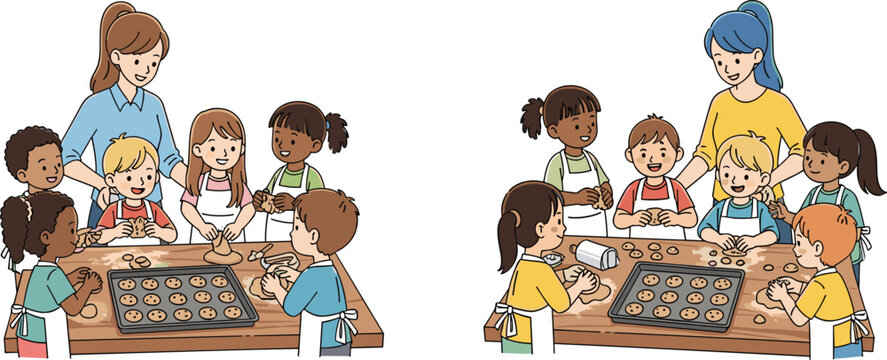 Two groups of happy diverse children baking cookies with female teachers, illustrating fun kitchen activities, culinary education, teamwork, and early childhood development.