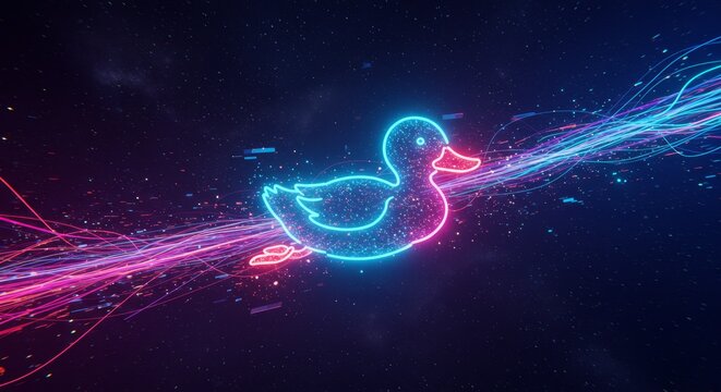 Neon Duck in Cyberspace - A neon duck flies through cyberspace, symbolizing innovation, transformation, playful exploration, futuristic technology, and connection