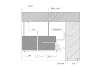 Vector drawing of a diagram, sectional view of the installation unit of a hidden curtain rod.
