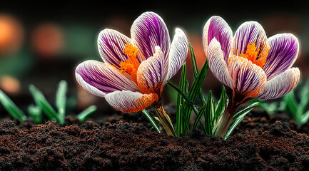 Beautiful crocuses blooming in the early spring soil