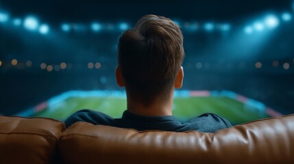 A fan sits back on a comfortable couch, fully engrossed in the exciting soccer match unfolding on the vibrant pitch. The stadium lights illuminate the atmosphere as cheers echo throughout