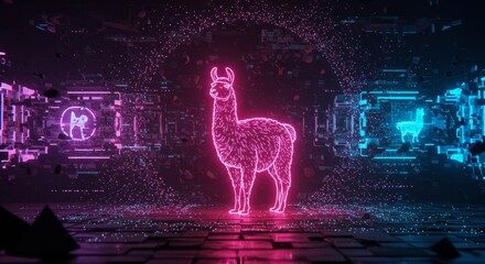 Obraz premium Neon Llama in Cyberspace Dreamscape - A radiant neon llama stands in a futuristic world. Symbolizing: Innovation, technology, creativity, the future, and progress