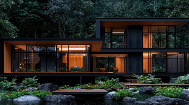A modern, two-story house with large windows is illuminated at night, surrounded by lush greenery and a forest backdrop. - Powered by Adobe