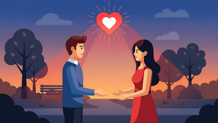 Romantic Encounter: Couple in Park with Love Heart Above, Relationship