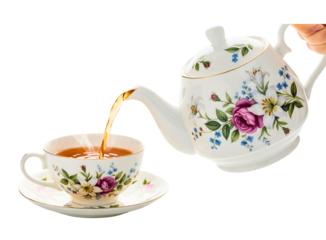 A hand pours hot tea from a beautiful floral pattern teapot into an elegant teacup isolated on transparent background