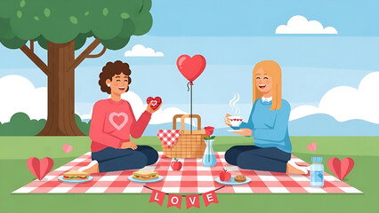 Romantic two friend picnic in park with heart balloon