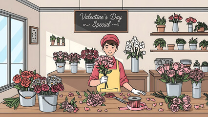 Valentine's Day Flower Shop Illustration with Florist and Roses