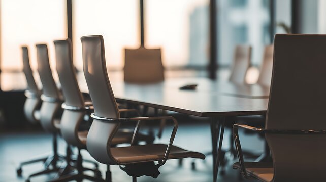 Blurred background of a modern office meeting room with a table and chairs for a business concept. High quality.