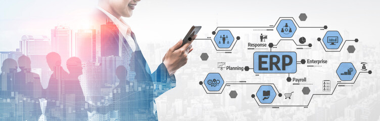 A business professional engages with a smartphone while surrounded by icons representing an ERP system, showcasing modern technology in a vibrant urban landscape. Tessel