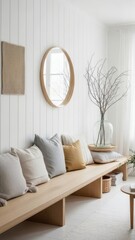 Nordic Living Room with Wood Bench and Round Mirror