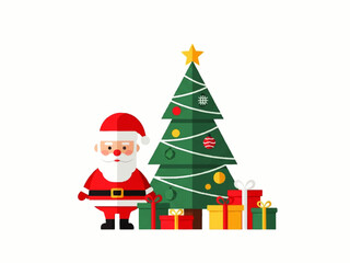 Cartoon Santa Claus standing next to a Christmas tree adorned with ornaments and surrounded by colorful gift boxes.