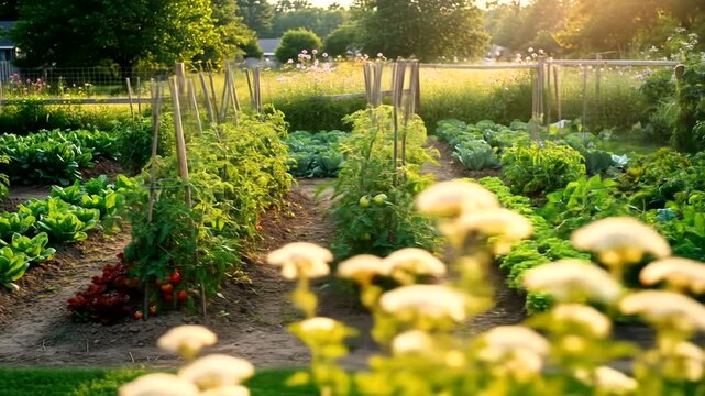 Lush Home Garden with Rows of Thriving Vegetables and Plants Under Golden Sunlight.