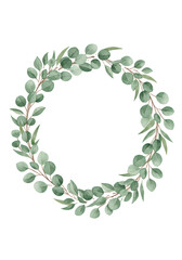 Obraz premium Detailed digital watercolor botanical illustration of a green eucalyptus (globulus and cinerea) wreath, flat lay on a transparent background with center copy space for text, elegant wedding