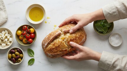 Freshly baked artisan bread with ingredients for a delicious meal