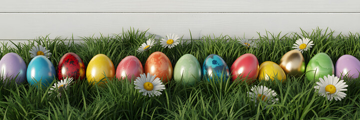 Colorful easter eggs lined up in green grass with daisies