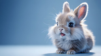 Adorable fluffy baby bunny with big eyes and pink tongue